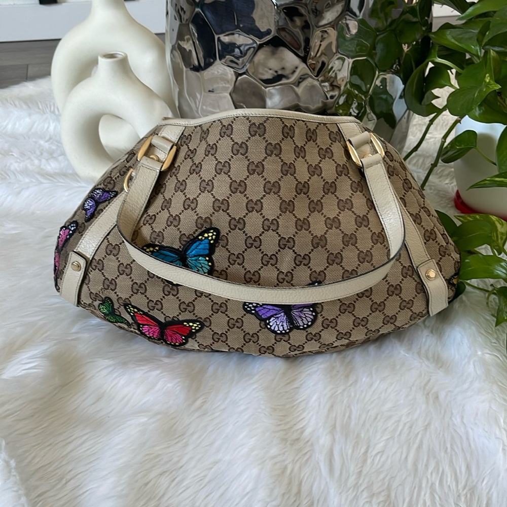 Gucci Beige/Brown GG Canvas Butterfly Appliqué Shoulder Bag